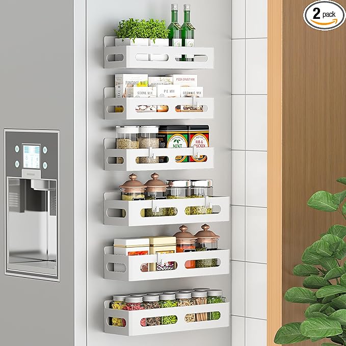 6 Pack Strong Magnetic Spice Rack for Refrigerator, Multipurpose Magnetic Shelf for Fridge with 4 Hooks for kitchen and Bathroom Organization, White