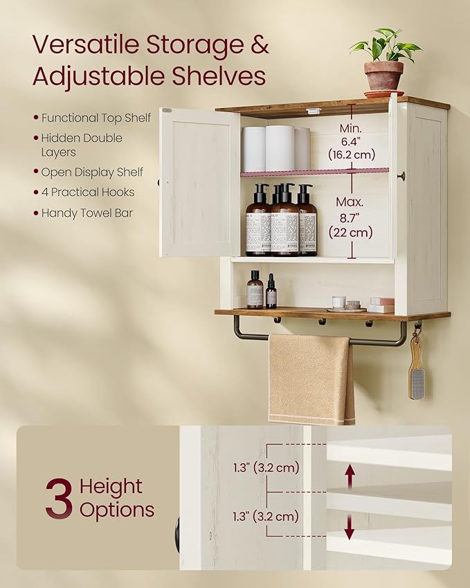 VASAGLE LIRY Collection - Bathroom Wall Cabinet, Farmhouse Wall-Mounted Medicine Storage Cabinet with 2 Barn Doors, Adjustable Shelf, Towel Bar, 7.9 x 23.6 x 28.7 Inches, Rustic White UBBK131W01S