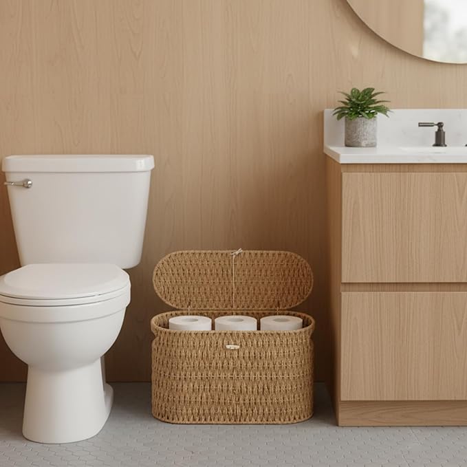 Toilet Paper Basket with Lid,Paper Rope Decor Basket for Bathroom Organizers and Storage,Holds Up to 6 Mega Rolls,Decorative Hand-Woven Bathroom Bedroom Living Room Decor