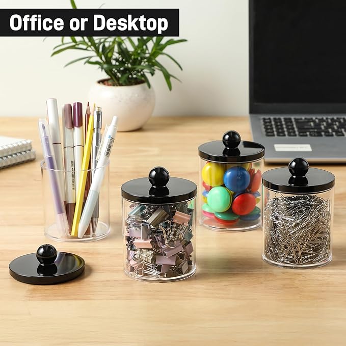 3 Pack Acrylic Qtip Holder Dispenser for Cotton Swabs, Balls, Pads, Floss - Plastic Canister Apothecary Jar Set, Bathroom Essentials Accessories Decor Vanity Makeup Storage Organizer - Clear & Black