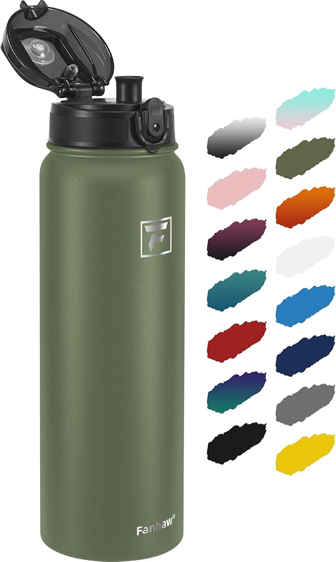 Fanhaw 32 oz Insulated Stainless Steel Water Bottle with Anti-Dust Chug Lid, Leakproof Vacuum Sports Bottle for Men & Women (Olive Green)
