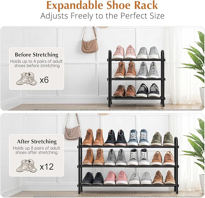 INSMART 3-Tier Expandable Shoe Rack, Stackable and Adjustable Shoes Organizer Storage Shelf, Sturdy and Durable Metal Structure Free Standing Shoe Rack for Closet Entryway Doorway
