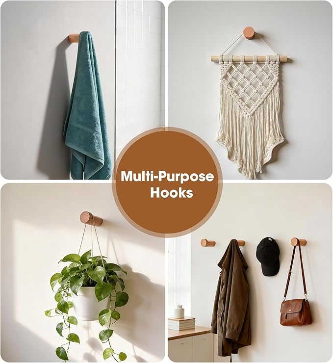 Wood Wall Hooks, 4 Pack Heavy Duty Coat Hooks – Farmhouse Rustic Entryway & Bathroom Hooks for Hats, Towels, Bags, Clothes (40 Capacity), Fits Drywall, Beech Wood