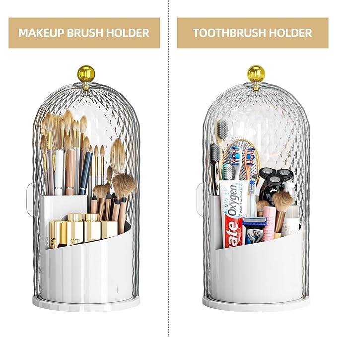 Makeup Brush Holder Organizer with Lid, 360 Rotating Make up Brush Holder with Cover, Dustproof Makup Brush Storage for Vanity Bathroom Countertop, Covered Toothbrush Holder, Clear