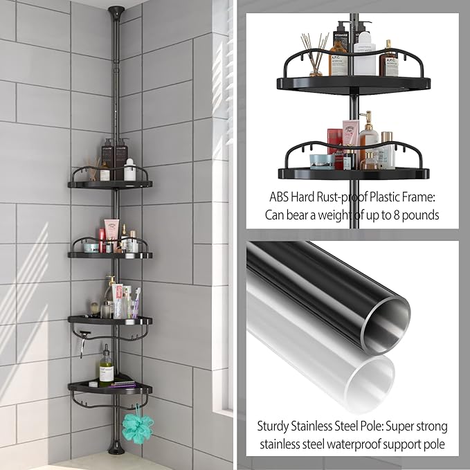 Shower Caddy,Shower Caddy Tension Pole with 4 ABS Baskets,Shower Storage Shelf with 56 to 125 Inch Adjustable Stainless Pole for Bathroom Black