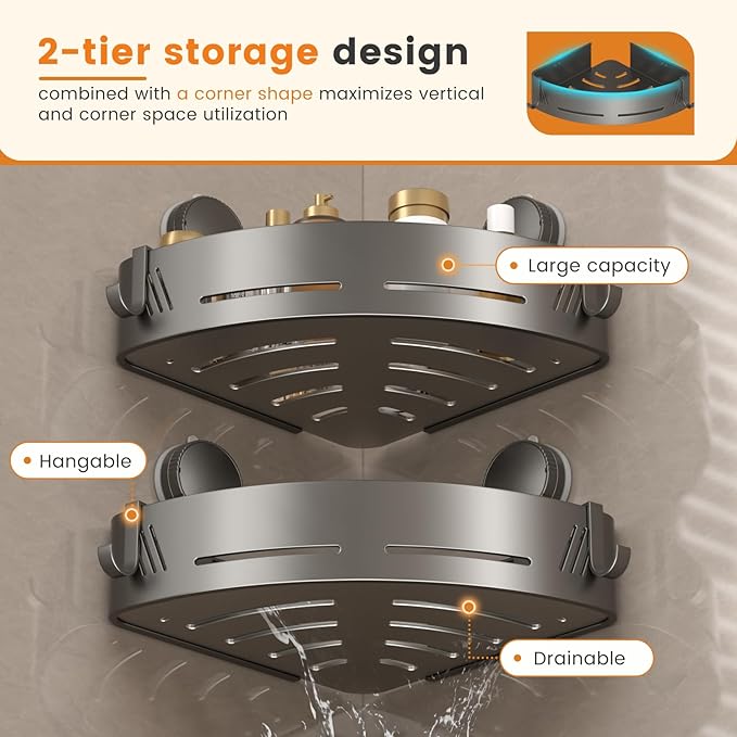 2-Tier Aluminum Suction Cup Corner Shower Caddy, Rustproof No Drilling Bathroom Corner Storage Shelf