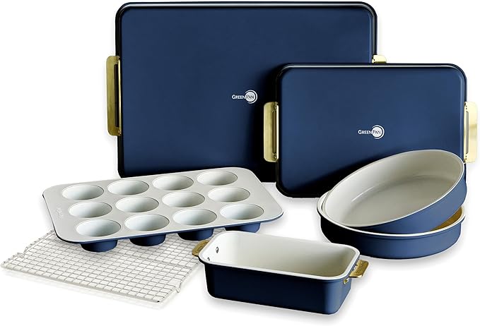 GreenPan Bakeware 13"x18" Half Baking Sheet Pan, Ceramic Nonstick Baking Pan, PFAS & BPA Free, Gold Handles, Durable Steel, Versatile & Space Saving Ovenware, Freezer to Oven Dish, Oxford Blue