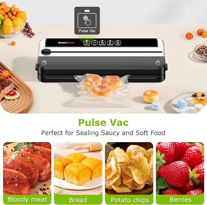 Bonsenkitchen Vacuum Sealer Machine, Built-in Cutter | Multifunctional Food Sealer for Sous Vide & Meal Prep, 5 Pre-Cut Bags, Black