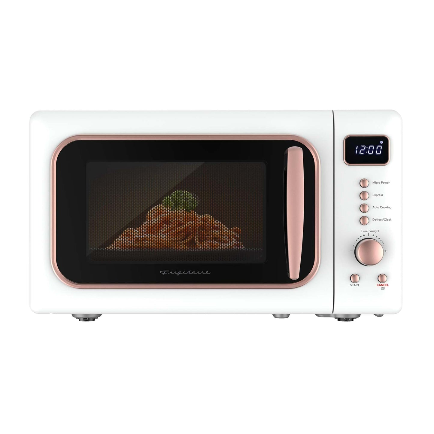 Frigidaire, 0.7 Cu. Ft. Retro Countertop Microwave Oven, 700W Compact Microwave with 8 Auto Cook Menus, Auto Defrost, 5 Power Levels, LED Display, Glass Turntable, White-RoseGold