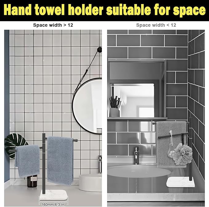 Standing Hand Towel Holder, Hand Towel Stand with Marble Base, 304 Stainless Steel Towel Rack with 2 Swivel Arm, Countertop Stand Towel Ring Towel Bar for Bathroom (Matte Black)