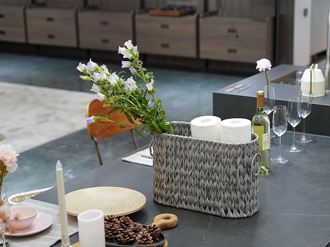 Toilet Paper Storage,Narrow Toilet Paper Basket for Bathroom,Large Toilet Paper Organizer for 6 Mega Rolls,Waterproof Wicker Bathroom Storage Basket,Free Standing,Grey