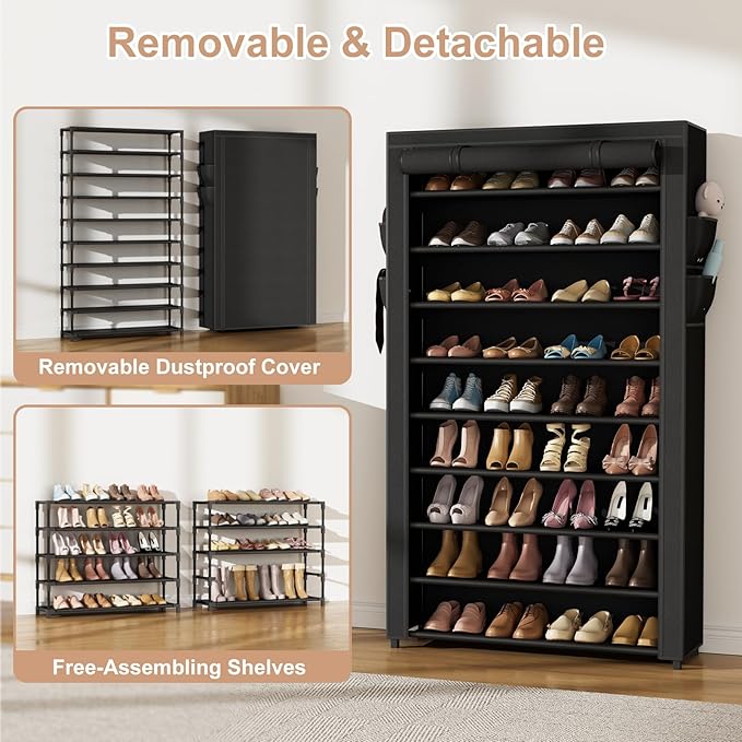 Shoe Rack with Cover Narrow Shoe Organizer with Pockets 10 Tier Tall Shoe Storage Holds 36-41 Pairs Shoes and Boots Shoe Rack for Closet Entryway Garage, Black