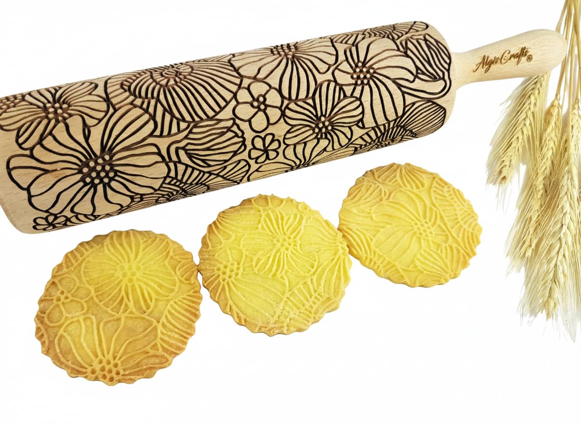 WILD POPPY Embossing Rolling Pin with Flowers Pattern. Dough and Clay Roller for Embossed Cookies and Pottery. Cookie and Ceramic Stamp. Backing Gifts for Women by Algis Crafts
