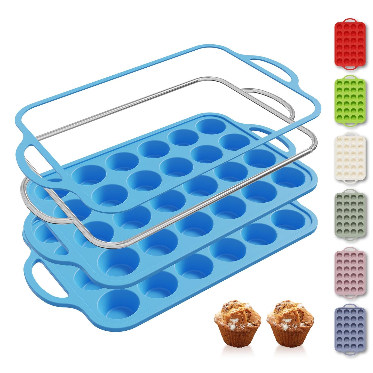 2 Packs 12 Cups Silicone Muffin Pan for Baking with Metal Reinforced Frame Regular Size Cupcake Pan Tray Chocolate Egg Pizza Bites Oven Top Cookie Molds Muffin Tin Tart Pans Sheet Set Bakeware Liner