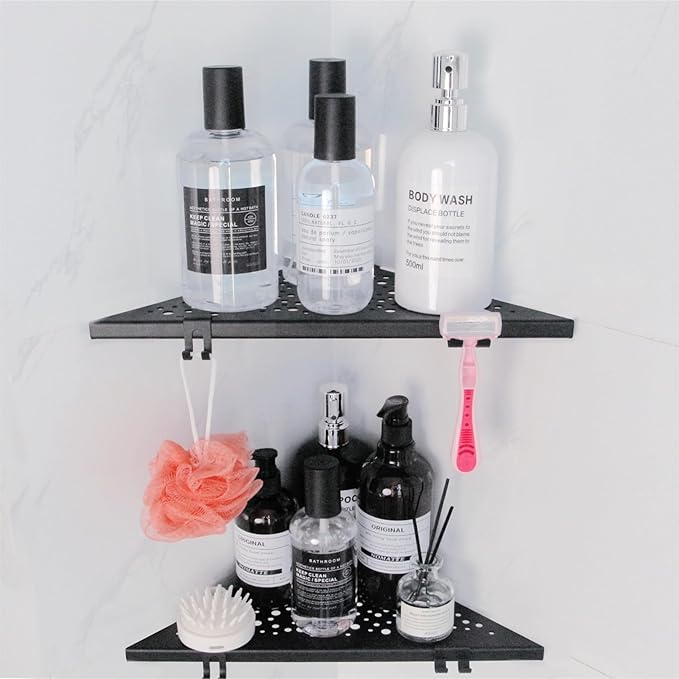 Corner Shower Shelf with 4 Hooks,10 Inch 304 Stainless Steel Recessed Bathroom Shelves,No-Drilling Installation for Tiled Wall,Matte Black, 2-Pack