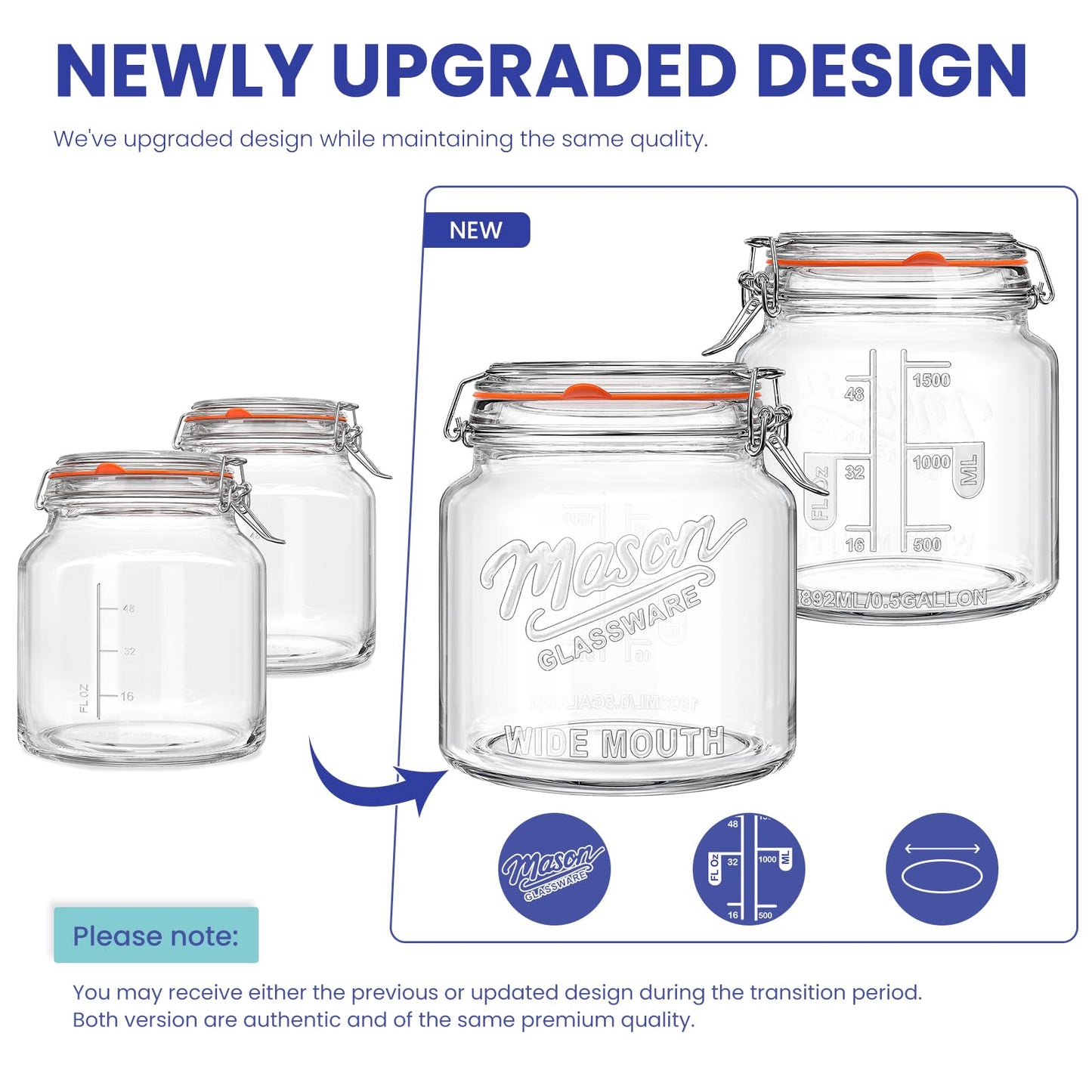 Qianfenie 64 oz Mason Jars with Lids, 2 Pack Half Gallon Glass Jars