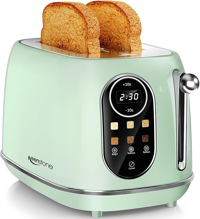 Keenstone Smart Touch Screen Toaster 2 Slice, Retro Wide Slot Stainless Steel Toaster with 6 Browning Levels, Reheat & Defrost, for Bagel, Toast, Bread, Removable Crumb Tray, Beige