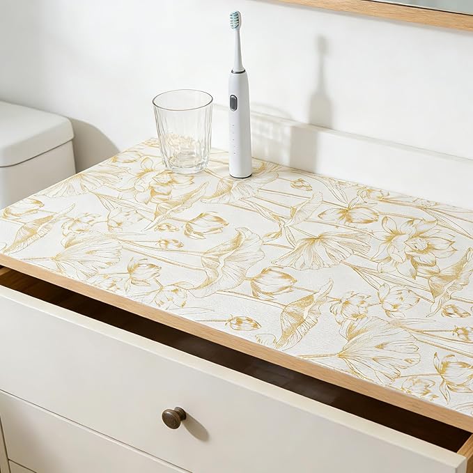Shelf Liners Non Adhesive Light Base Gold Lotus Pattern - Thickened Non-Slip Easy to Clean Drawer Liner for Kitchen Cabinets, Tool Box, Refrigerator, with Knife & Tape Measure, 12in x 20FT