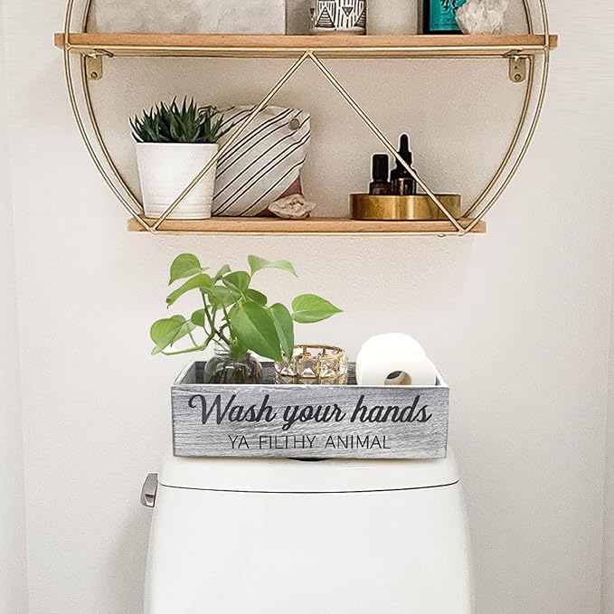 Rustic Farmhouse Bathroom Decor Box, Toilet Paper Basket with 2 Sides Signs, Gray-wash Your Hands