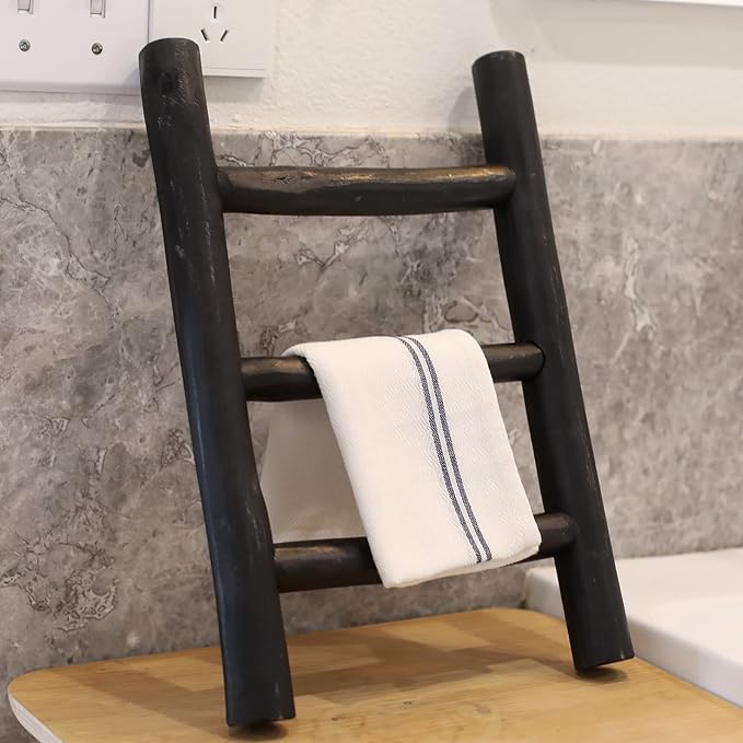 FUIN Fully Assembled Wooden Tea Towel Ladder, Mini Ladder Towel Rack Display Hanger, Small Rustic Farmhouse Tea Towel Stand Holder for Country Bathroom Decor, Black