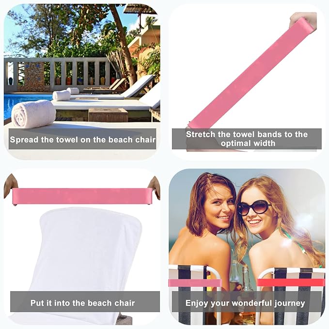4 Pack Towel Bands, Towel Bands for Beach Chair, Rubber Towel Clips for Pool Chair, Must Haves Beach & Cruise Accessories, Towel Holder for Cruise Chairs, Alternatives for Towel Clips, Pink