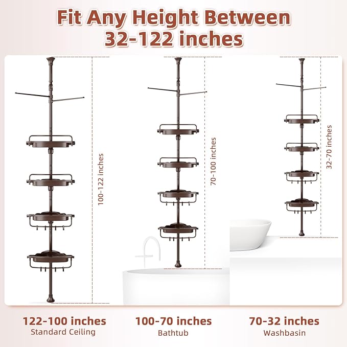 32-122inch Corner Shower Caddy Tension Pole Brown, Rustproof Drill-Free Shower Shelves for Bathroom Bathtub Washbasin, Adjustable Shower Organizer with 4 Tier Patent Stable Shelves & Towel Bars
