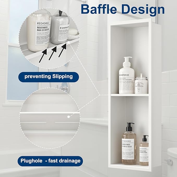 Neodrain Shower Niche Double Shelf Stainless Steel No Tile Needed Bathroom Niches Recessed in Wall, 2-Tier Recessed Wall Niche Waterproof Cubby (8X24 Inch,White)