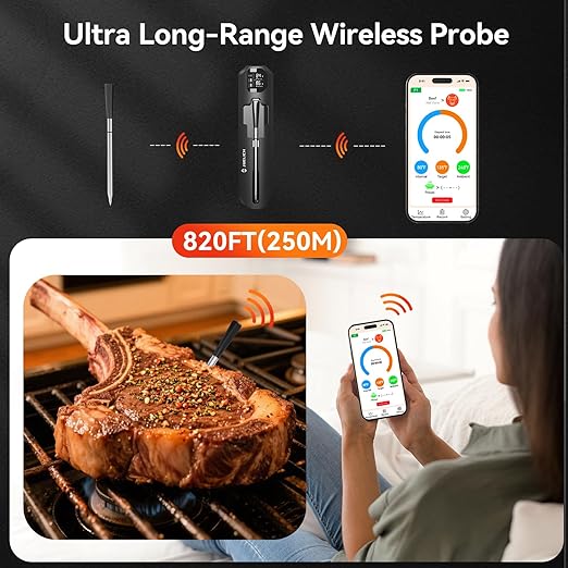JUELICH Smart Wireless Meat Thermometer with Ultra-Thin Probe, 820FT Unlimited Range Bluetooth Meat Thermometer, Digital Food Thermometer for Remote Monitoring of BBQ Grill, Oven, Air Fryer