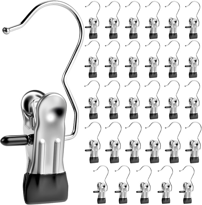Senbowe 30 Pack Heavy Duty Clothes Pins, Boot Hangers for Closet, Laundry Hook Hanging Clips Clamps for Closet Organizer Pants Hats Socks Towels Clips, Clothespins Hanger for Travel Handbag Legging
