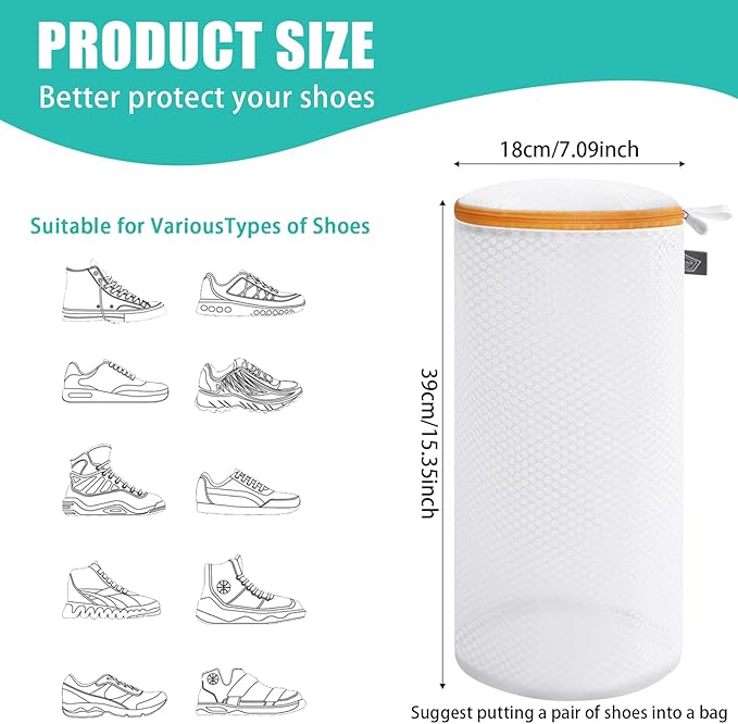 Kimmama Shoe Washing Machine Bag, Shoe Bag for Washing Machine, Mesh Laundry Bags for Sneakers, Footwear, Trainers, Slippers, Honeycomb Net, Orange Zipper, 7x15"