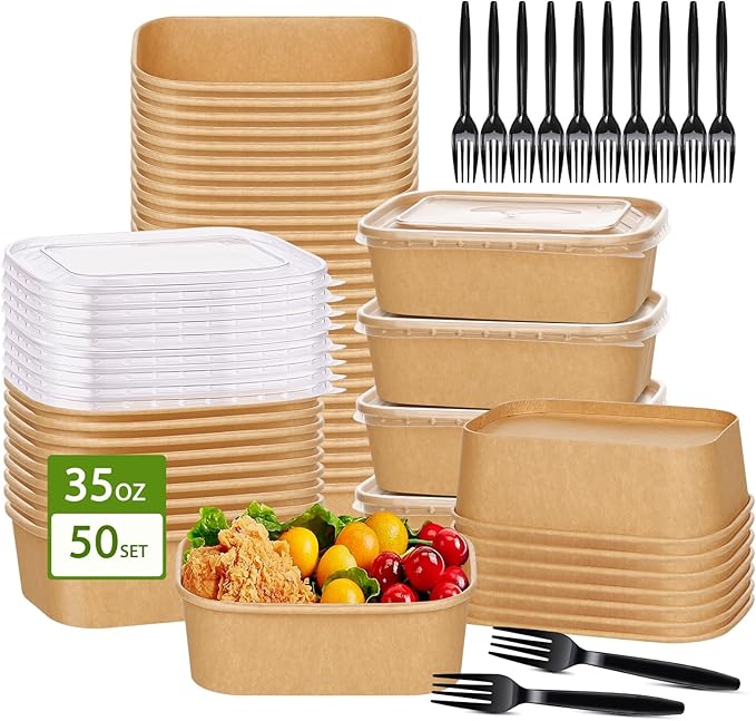 DI QIU REN 50-Pack 22oz Paper Bowls, Disposable Food Containers with Lids and Forks, Rectangular Disposable Salad Bowls for Diet Salad, Pasta (kraft Paper Rectangular, 22oz 50 Count)