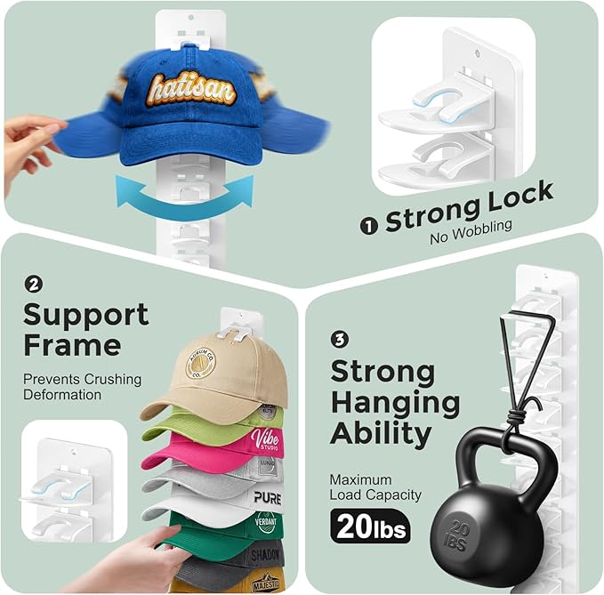 2 Pack Hat Organizer for Baseball Caps, Detachable DIY Hat Rack for Wall Hat Holder Hold up to 22 Hats, Baseball Cap Organizer Cap Holder Hat Hangers for Wall Closet Door Bedroom (C-White)