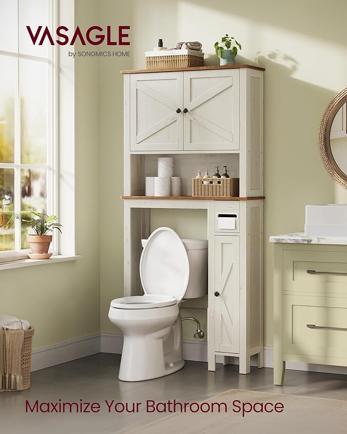 VASAGLE LIRY Collection - Over-The-Toilet Storage Cabinet, 31.3-Inch Wide Farmhouse Bathroom Organizer, Barn Doors, Toilet Paper Holder, Adjustable Shelves, Space-Saving, Rustic White UBTS027WJ01S