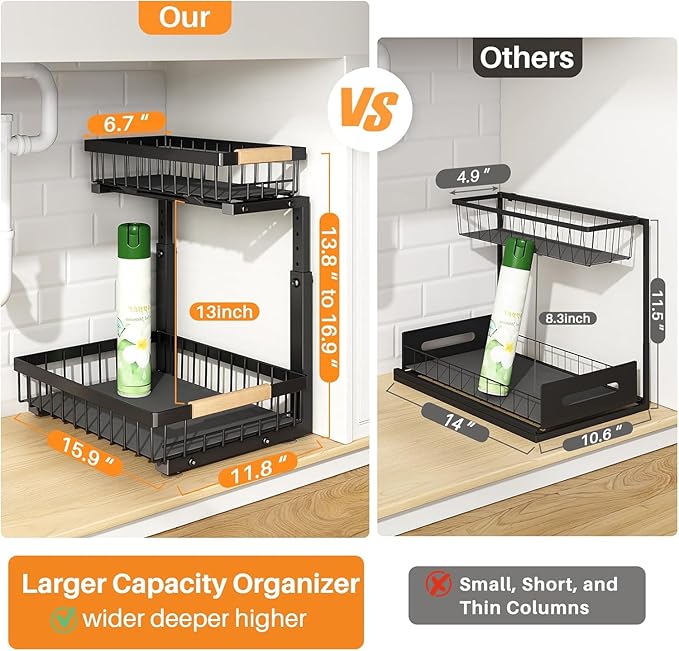 PXRACK Under Sink Organizer, Adjustable Height, 2-Pack 2 Tier Pull Out Under Cabinet Organizer, Slide Out Thickened Metal Under Sink Storage for Kitchen Bathroom Laundry Pantry Cabinet, L, Black