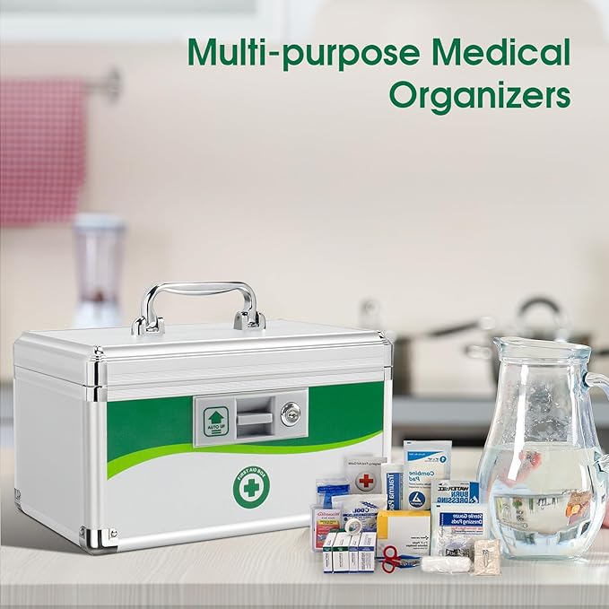 Medicine Lock Box, First Aid Safe Medication Storage Box, Layered Aluminum Daily Medicine Lockable Box with Key (Large)