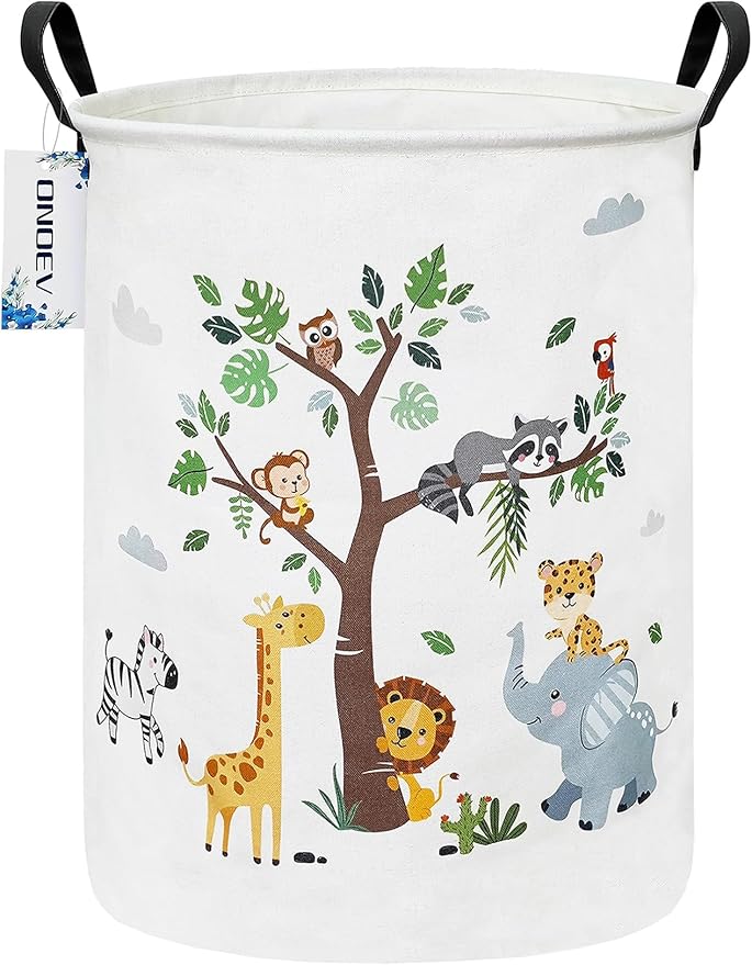 Round waterproof laundry basket,foldable storage basket,laundry Hampers with handle,gift basket,suitable for children's room and toy storage (Tree Animals)