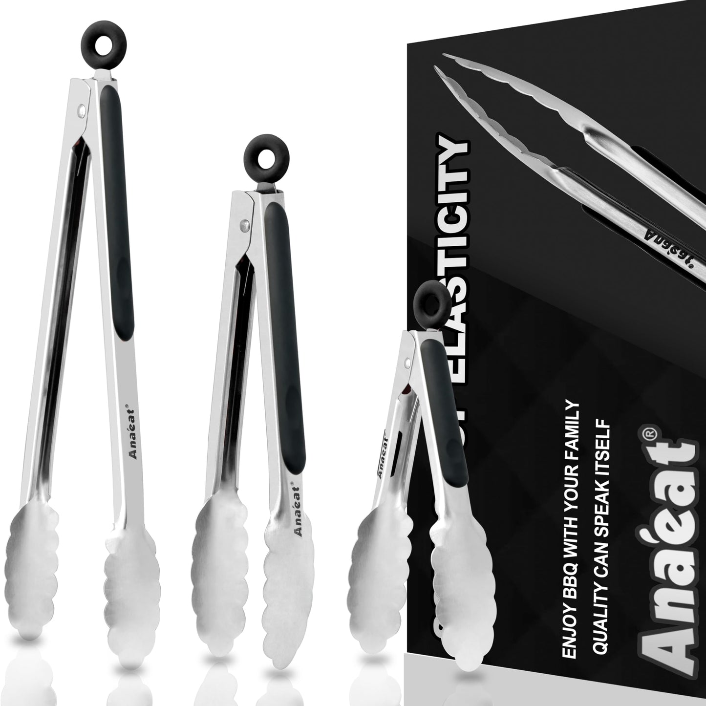 Anaeat Non-Stick Silicone Locking Tong Set of 2 - Stainless Steel 9" and 12" Kitchen Food Tongs with Non-Slip Silicone Tips and Grip for Cooking, Baking and BBQ - Heavy Duty & Heat Resistant (Black)