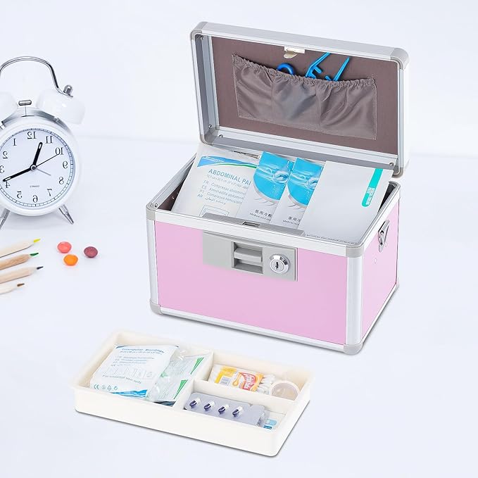Medicine Box, First Aid Safe Medication Storage Box,Layered Aluminum Daily Medicine Cabinet,10.2" x 6.2" x 7.7", Pink