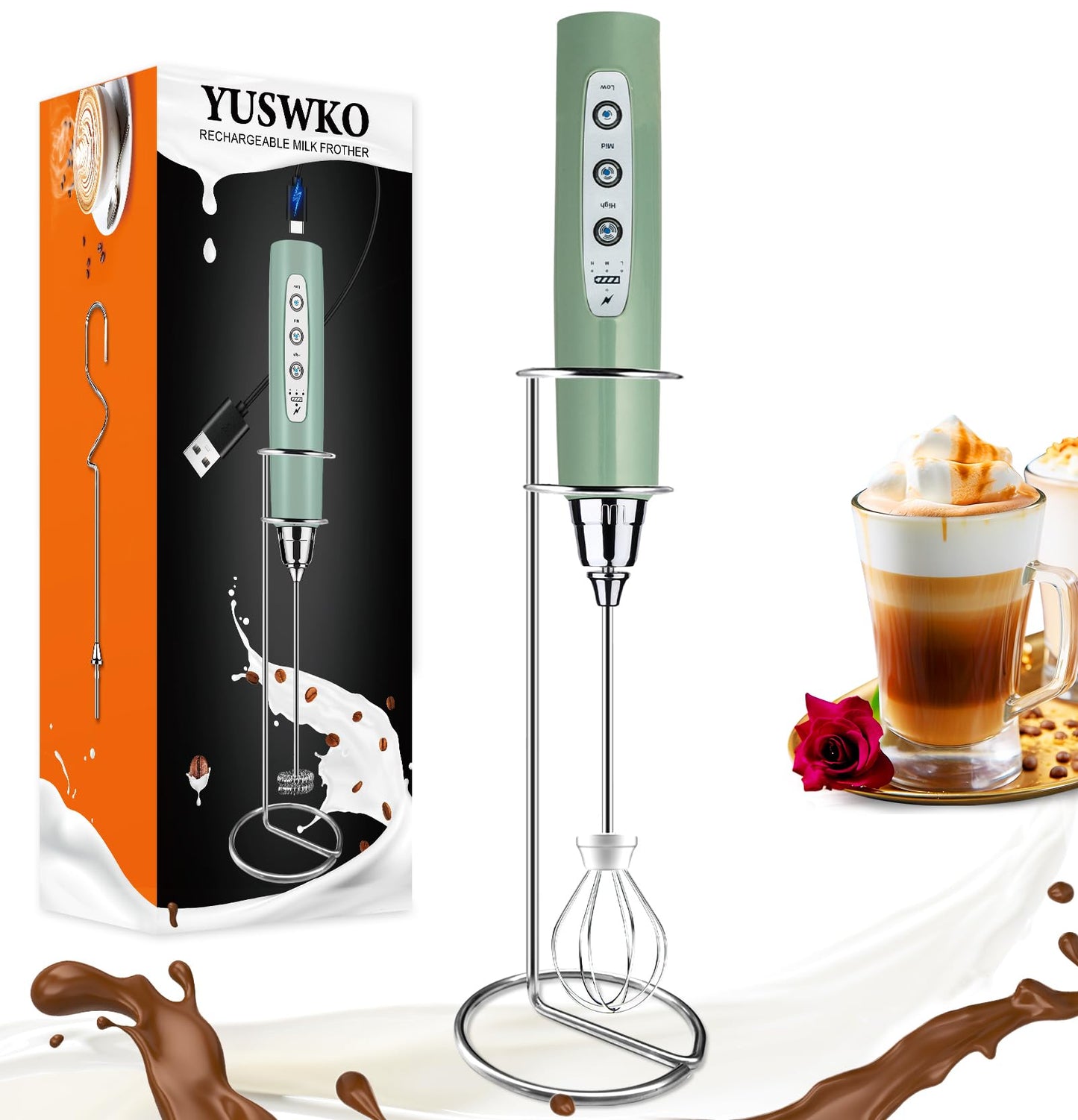YUSWKO Handheld Milk Frother Wand for Coffee, Rechargeable Electric Whisk with 3 Heads 3 Speeds Drink Mixer Coffee Frother For Latte, Cappuccino, Hot Chocolate, Egg, Beige