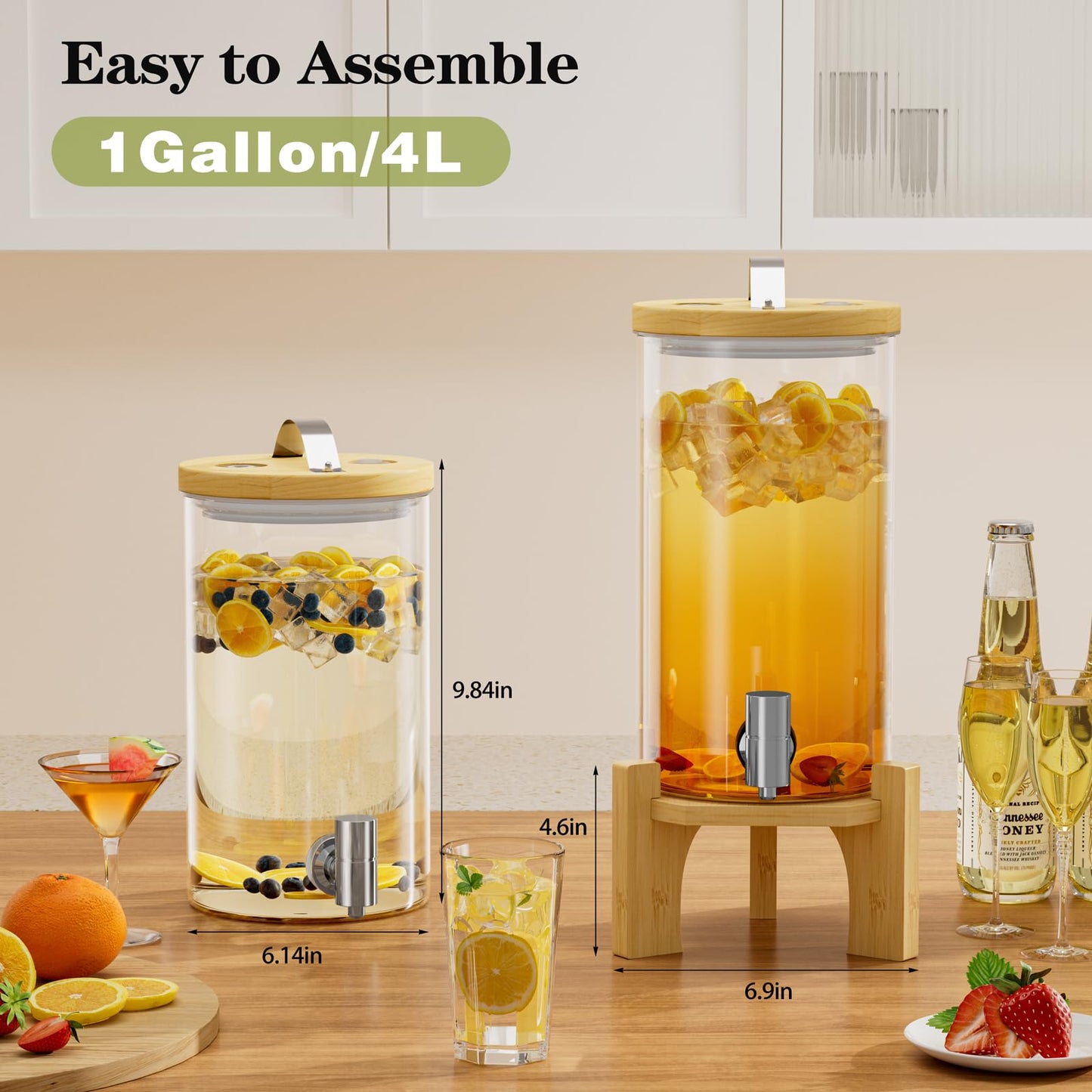 VOVUVK 1 Gallon Glass Drink Dispenser For Parties, Beverage Dispenser With Bamboo Wood Stand And Stainless Steel Spigot, Countertop Water Dispenser, Lemonade Dispenser For Wedding, Picnic (2PACK)