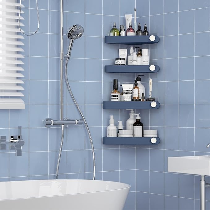Sotfamily Plastic Shower Caddy Corner (For 90° Only), 4 Pack Adhesive Corner Shower Shelves for Bathroom Organizers and Storage, Navy