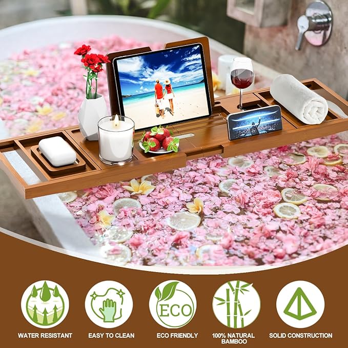 Premium Bathtub Tray Caddy - Bath Table Tray for Bathtub - Bath Tub Tray Table for Bathtub, Expandable Size, Fits Most Bath Tubs