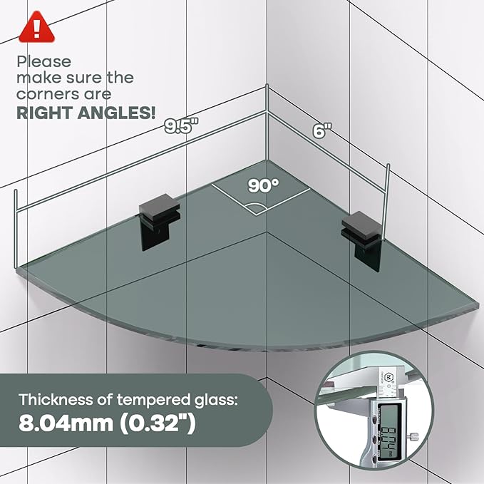 2-Pack Glass Shelf Shower Caddie, Shower Shelves for Inside Shower, Drilling Free Adhesive Wall Mounted Bathroom Organizer Shelves with Aluminium Brackets, Black