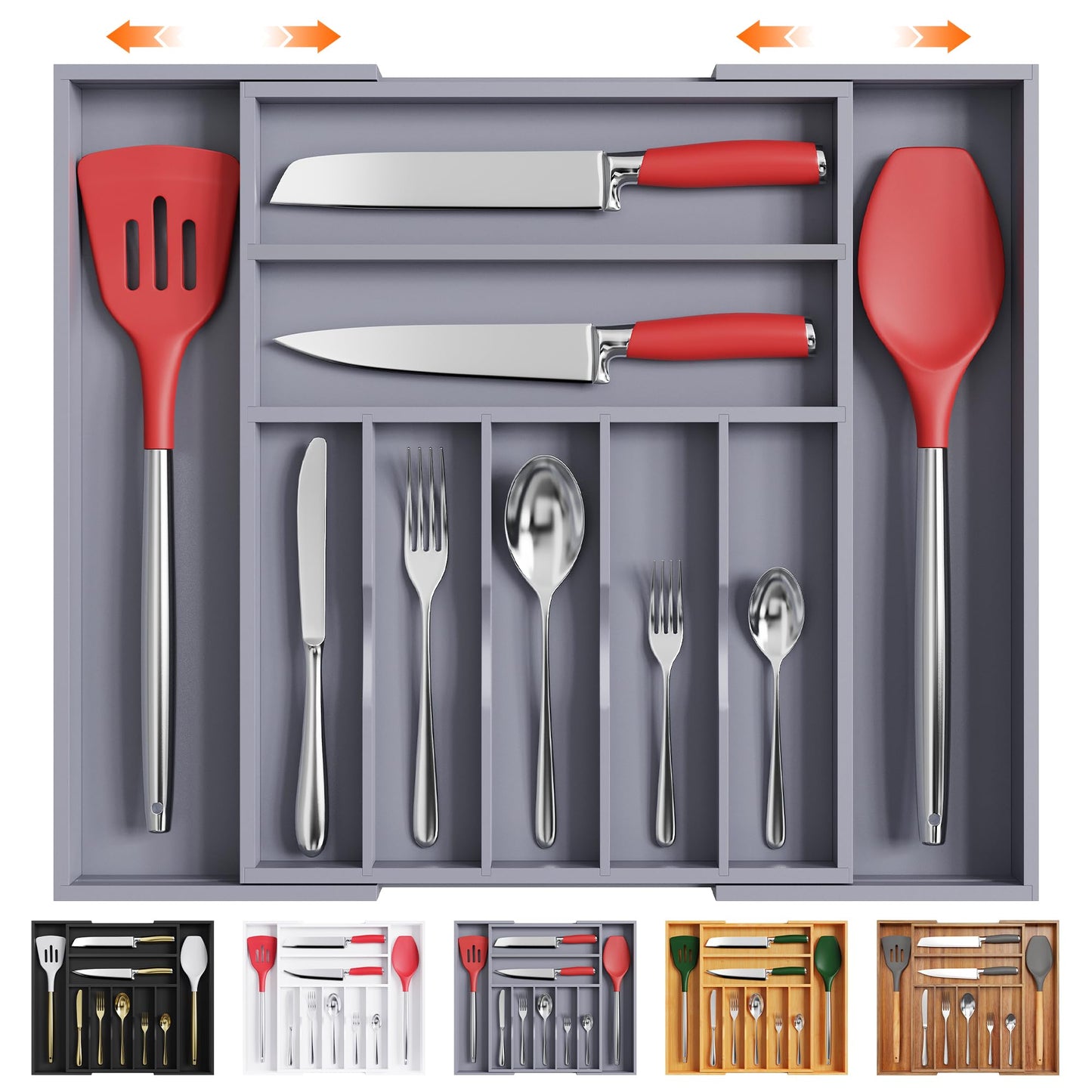 Bellsal Large Premium Acacia Wood Silverware Organizer - Expandable Utensil Drawer Organizer - 17"x19.6" Utensil Holder and Cutlery Tray with Grooved for Kitchen Flatware Utensils(7-9 Slot, Acacia)