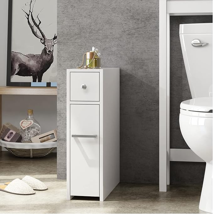 Spirich Slim Bathroom Storage Cabinet, Free Standing Toilet Paper Holder, Bathroom Cabinet Slide Out Drawer Storage, White