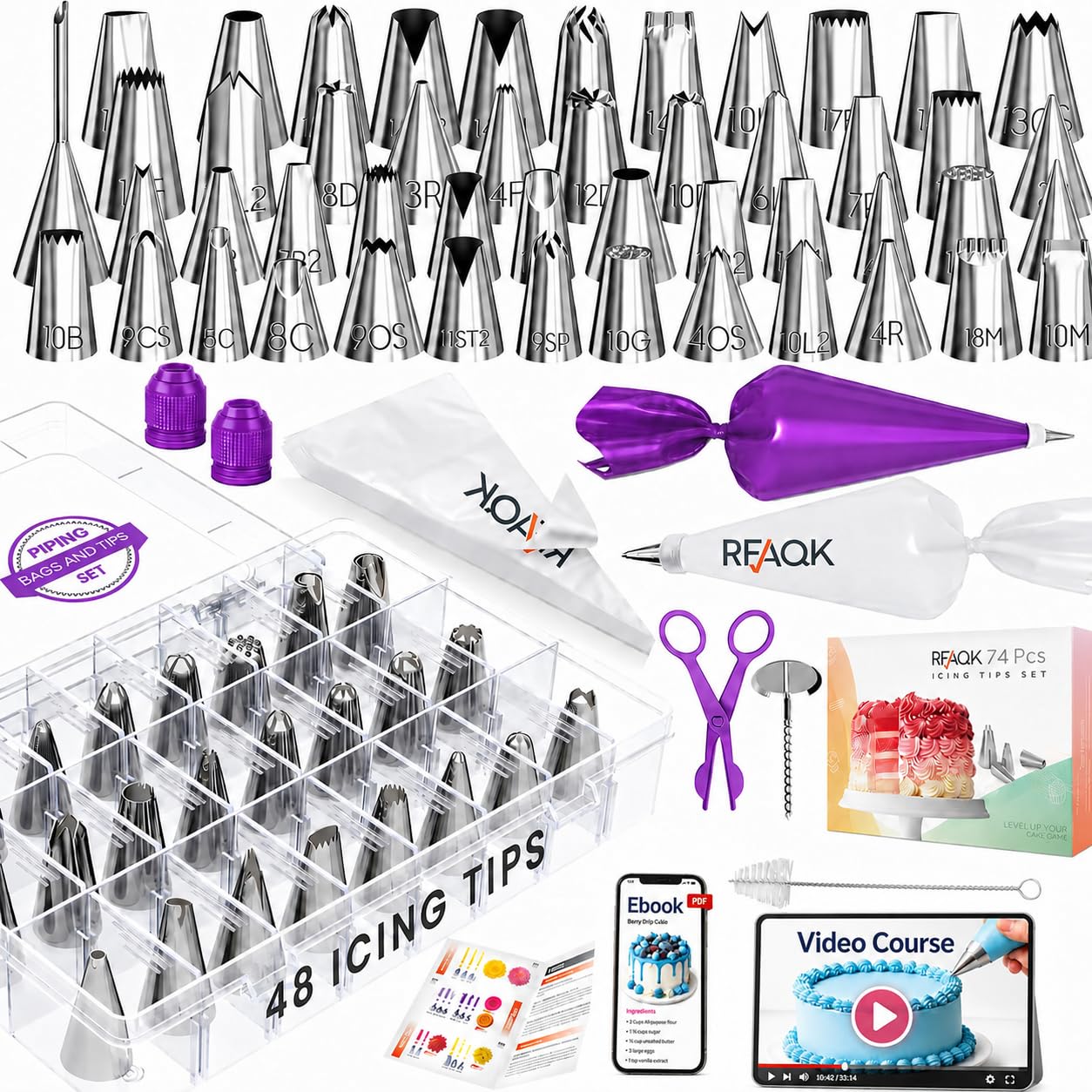 RFAQK 74PCs Icing Piping Bags and Tips Set for Beginners to Decorate Cake