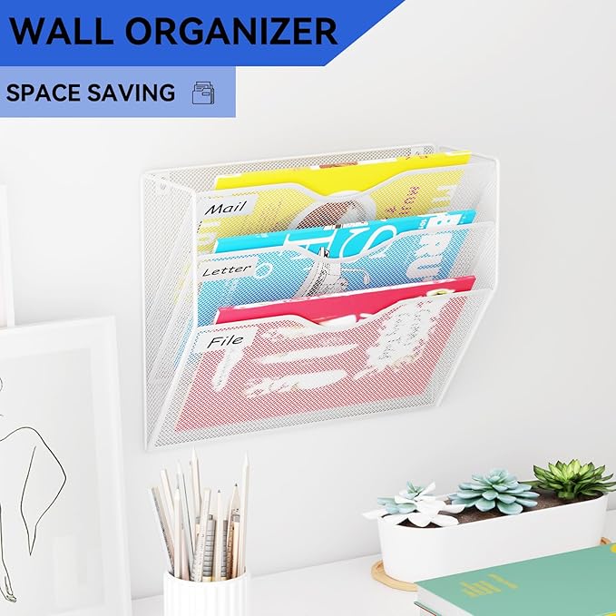 3 Pockets Hanging Wall File Organizer Mail Holder, Wall Mounted Paper Document Folder Holder, Clipboard Storage Organization Magazine Rack, White