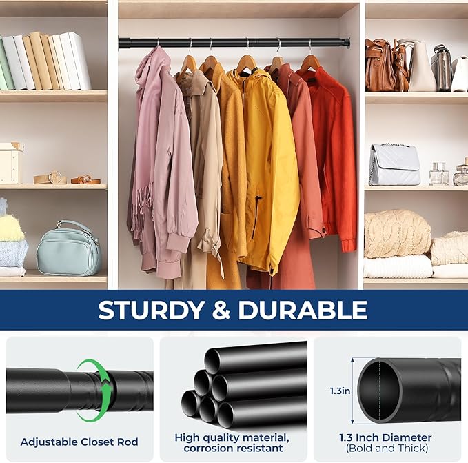 Mavivegue Closet Rod, 17 to 43 Inch Adjustable Closet Rods for Hanging Clothes, Heavy Duty Tension Rod, Black Curtain Rod, for Closet, Wardrobes, Bathroom, Laundry