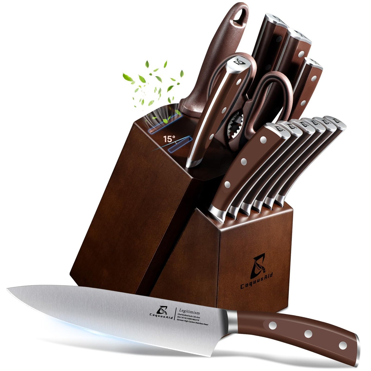 CoquusAid 15-Piece Kitchen Knife Set with Rubber Wood Block, New Upgrade