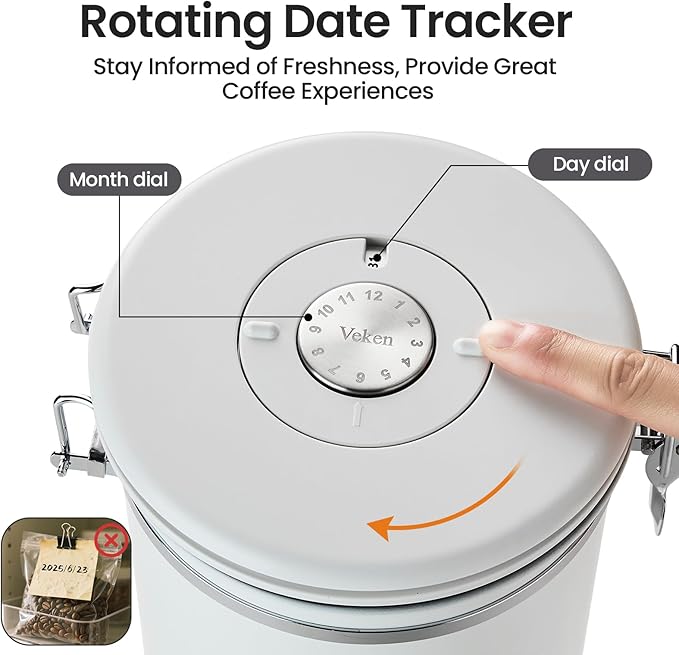 Veken Coffee Canister, 39OZ Large, Airtight Stainless Steel Food Storage Container for 2.2lbs Coffee Beans, Ground, Sugar, Tea, Flour, Cereal, Kitchen Bar Accessories with Date Tracker & Scoop, White